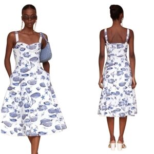 Avec Les Filles Blue Marina Fish Printed Midi Dress